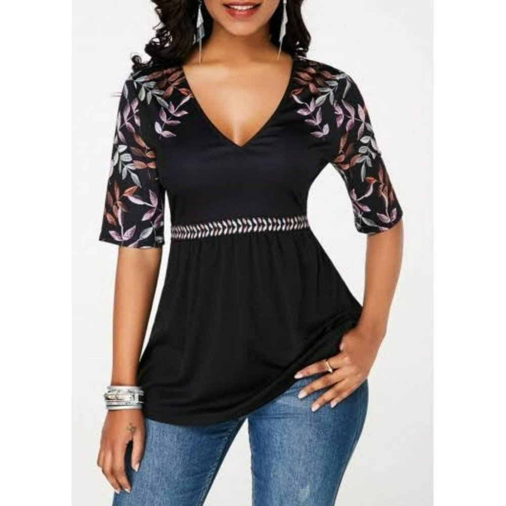 Black V Neck Blouse with Leaves Pattern and Half Sleeve Size XL